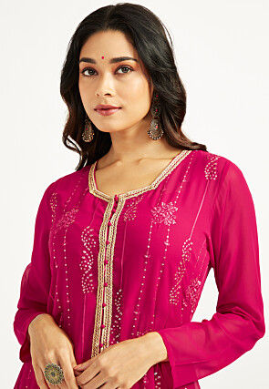 Embroidered Organza A Line Kurta Set in Fuchsia