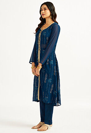 Embroidered Organza A Line Kurta Set in Teal Blue
