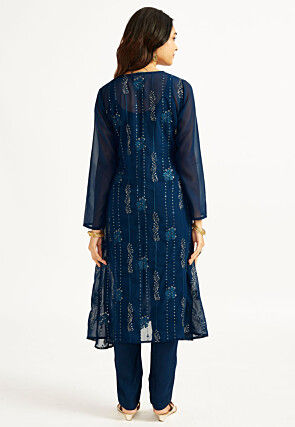 Embroidered Organza A Line Kurta Set in Teal Blue