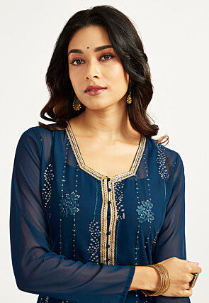 Embroidered Organza A Line Kurta Set in Teal Blue