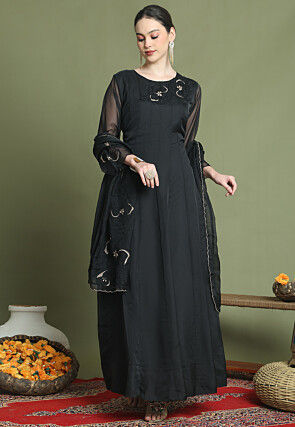 Embroidered Organza Abaya Style Suit in Black