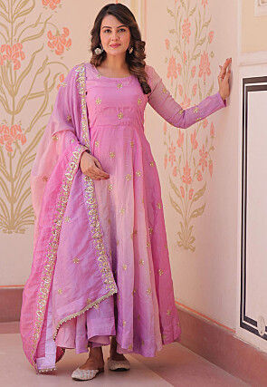Embroidered Organza Abaya Style Suit in Shaded Pink and Purple