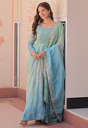 Embroidered Organza Abaya Style Suit in Shaded Green and Blue