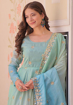 Embroidered Organza Abaya Style Suit in Shaded Green and Blue