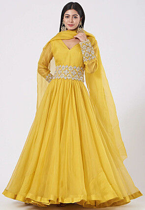 Embroidered Organza Abaya Style Suit in Yellow