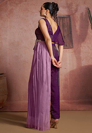 Embroidered Organza Asymmetric Top Set in Purple