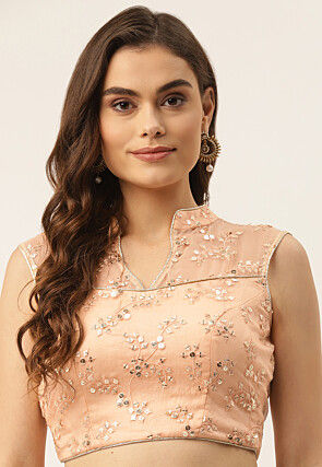 Embroidered Organza Back Cut Out Blouse in Peach
