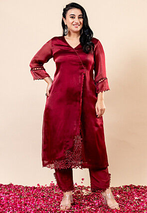 Embroidered Organza Chiffon Straight Kurta Set in Red