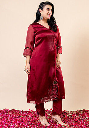 Embroidered Organza Chiffon Straight Kurta Set in Red