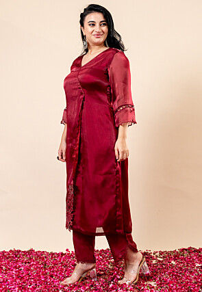 Embroidered Organza Chiffon Straight Kurta Set in Red
