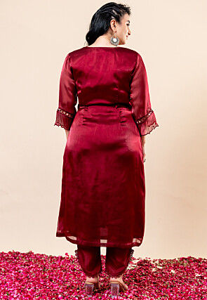 Embroidered Organza Chiffon Straight Kurta Set in Red