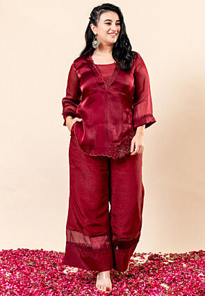 Embroidered Organza Chiffon Top Set in Red