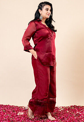 Embroidered Organza Chiffon Top Set in Red