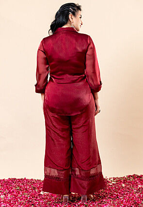 Embroidered Organza Chiffon Top Set in Red