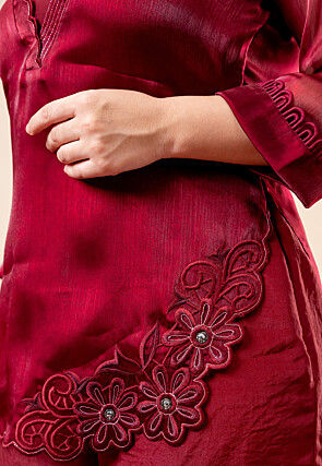 Embroidered Organza Chiffon Top Set in Red