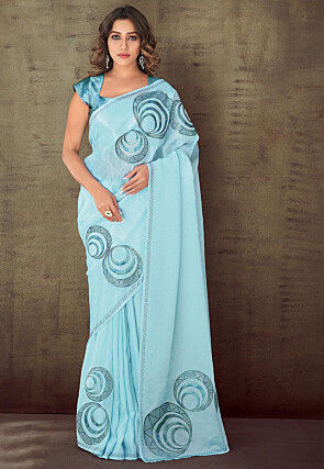 Embroidered Organza Crepe Saree in Sky Blue