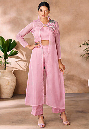 Embroidered Organza Crop Top Set in Baby Pink