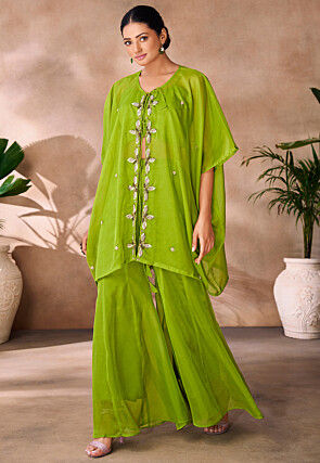 Embroidered Organza Crop Top Set in Light Green