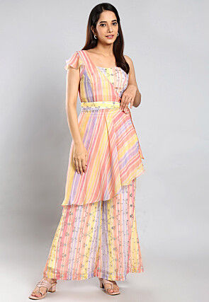 Embroidered Organza Crop Top Set in Multicolor