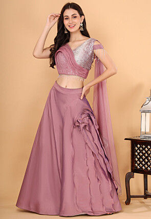 Embroidered Organza Crop Top Skirt Set in Old Rose