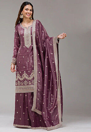 Embroidered Organza Crushed Pakistani Suit in Purple
