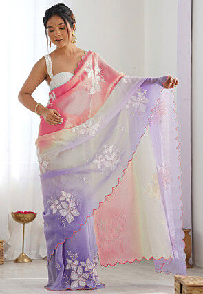 Embroidered Organza Crushed Scalloped Saree in Multicolor
