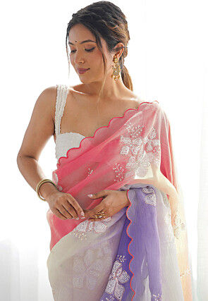 Embroidered Organza Crushed Scalloped Saree in Multicolor