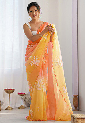 Embroidered Organza Crushed Scalloped Saree in Orange N Yellow