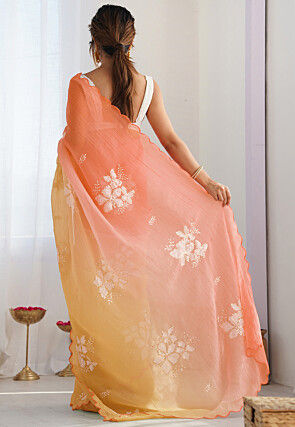 Embroidered Organza Crushed Scalloped Saree in Orange N Yellow