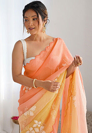 Embroidered Organza Crushed Scalloped Saree in Orange N Yellow