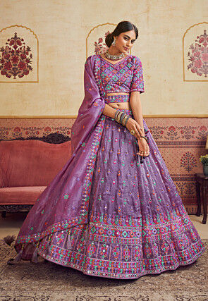 Embroidered Organza Crushed Lehenga in Purple