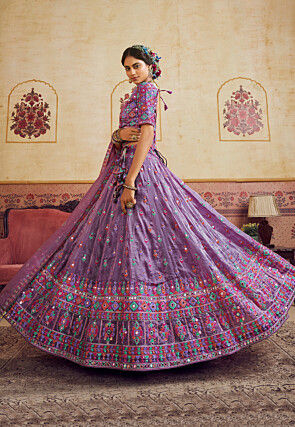 Embroidered Organza Crushed Lehenga in Purple