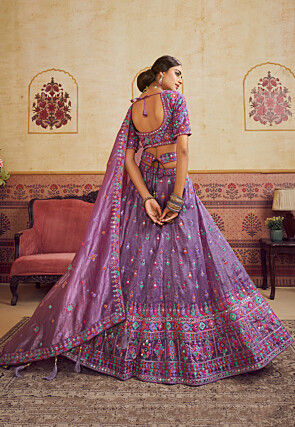 Embroidered Organza Crushed Lehenga in Purple