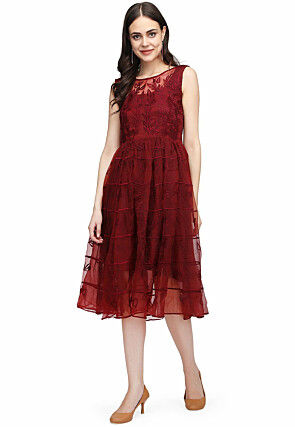Embroidered Organza Fit and Flare Dress in Maroon