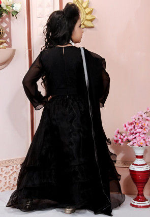 Embroidered Organza Flounced Lehenga in Black