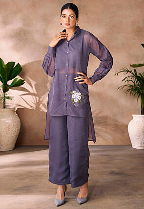 Embroidered Organza High Low Tunic Set in Purple