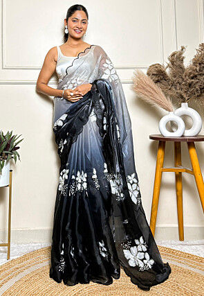 Embroidered Organza Saree in Shaded Grey and Black