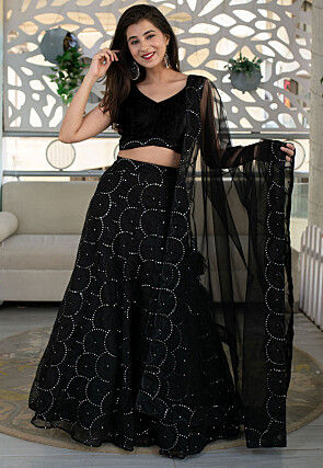 Embroidered Georgette Lehenga in Black