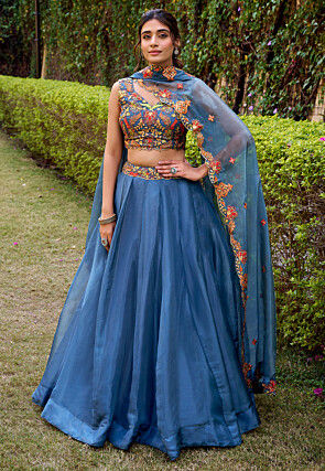 Embroidered Organza Lehenga in Blue