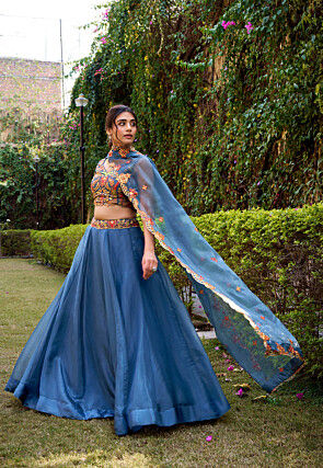 Embroidered Organza Lehenga in Blue