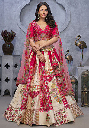 Embroidered Organza Lehenga in Cream and Fuchsia