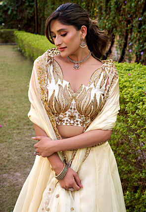 Embroidered Organza Lehenga in Cream