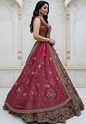 Embroidered Organza Lehenga in Dark Fuchsia