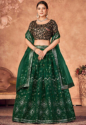 Embroidered Organza Lehenga in Dark Green