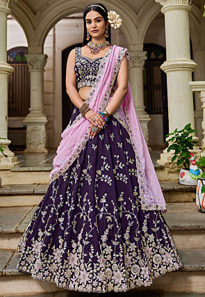 Embroidered Organza Lehenga in Dark Purple