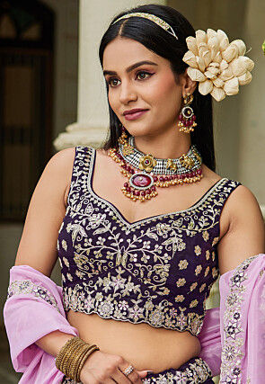 Embroidered Organza Lehenga in Dark Purple