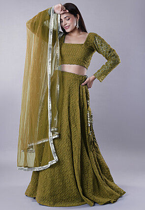 Embroidered Organza Lehenga in Dusty Green