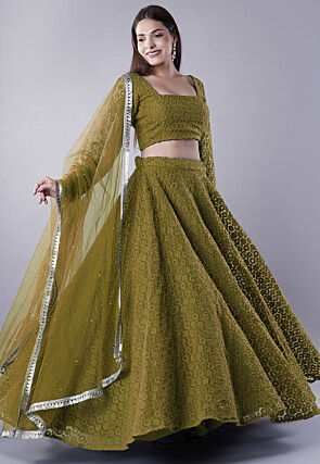 Embroidered Organza Lehenga in Dusty Green