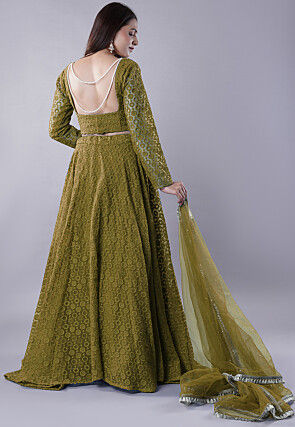 Embroidered Organza Lehenga in Dusty Green