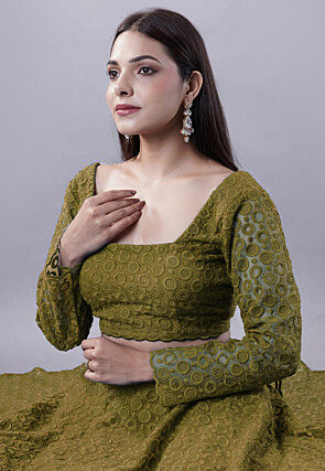 Embroidered Organza Lehenga in Dusty Green